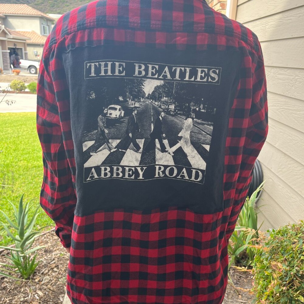 The Beatles Upcycled Flannel Shirt Unisex Size XL X-Large